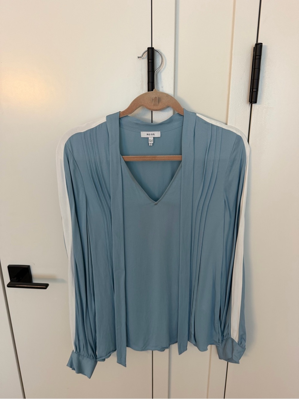 Reiss Dusty Blue V-Neck Tie-Front Blouse with White Sleeve Stripe